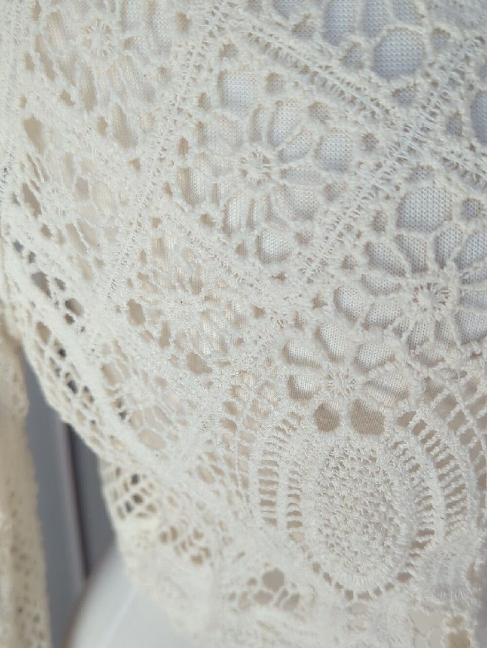Crochet Lace Long-Sleeve Cream Crop Top - Picture 2 of 4